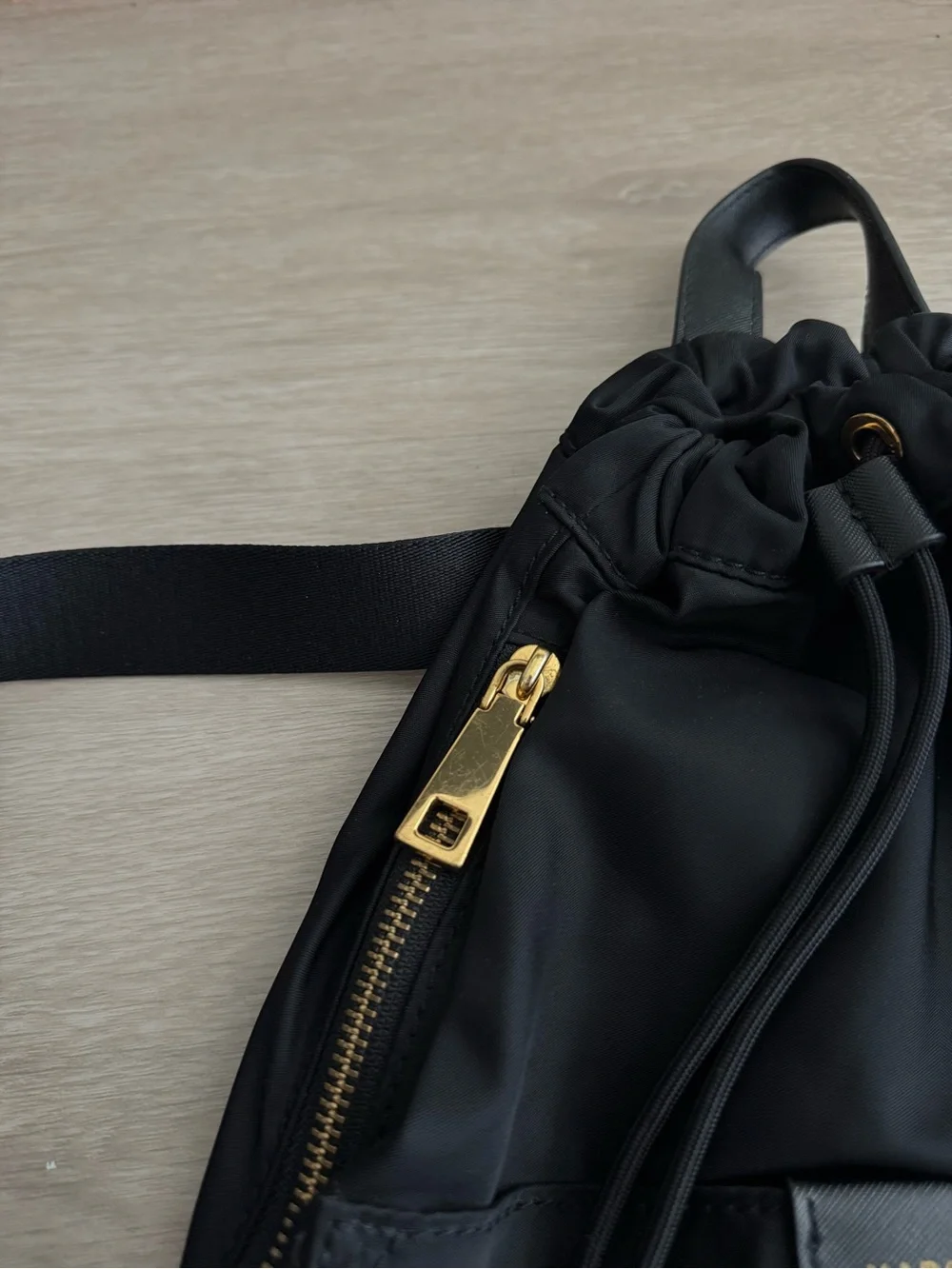 Like New Marc Jacobs Black Nylon Drawstring Backpack with Gold Hardware